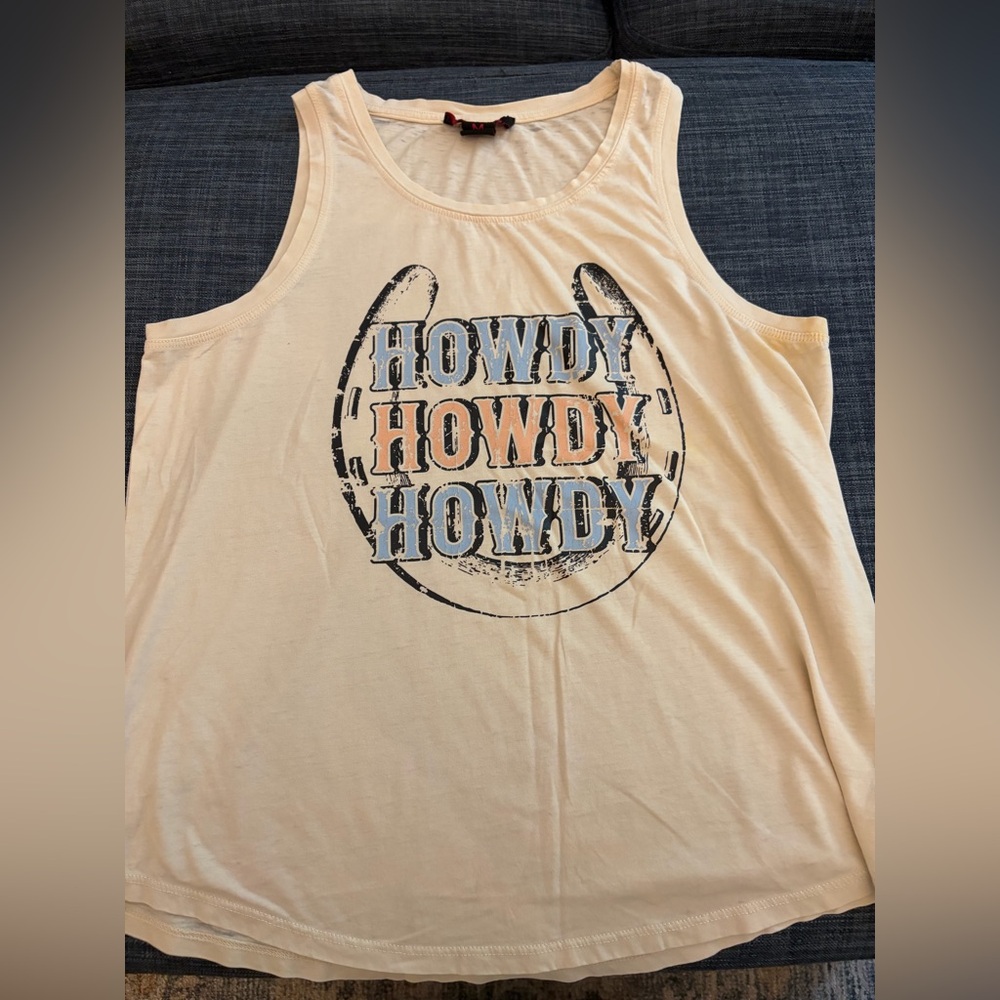 Cream Howdy Graphic Tank Top. ROCK & ROLL denim